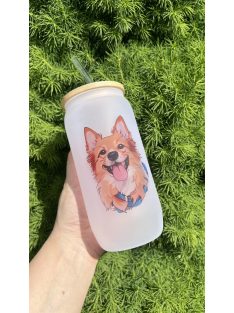   Üvegpohár saját fotóval és szöveggel bambusz fedéllel és üveg szívószállal