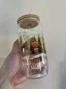 Üvegpohár saját fotóval és szöveggel bambusz fedéllel és üveg szívószállal