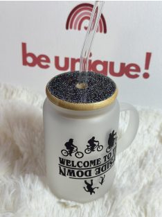   Üvegpohár saját fotóval és szöveggel bambusz fedéllel és üveg szívószállal füles kivitelben