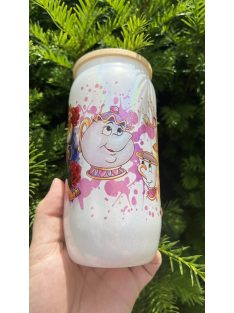   HOLOGRAFIKUS GYÖNGYHÁZ FÉNYŰ ÜVEGPOHÁR BAMBUSZ FEDÉLLEL ÉS ÜVEG SZÍVÓSZÁLLAL EGYEDI MINTÁBAN