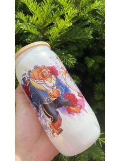   HOLOGRAFIKUS GYÖNGYHÁZ FÉNYŰ ÜVEGPOHÁR BAMBUSZ FEDÉLLEL ÉS ÜVEG SZÍVÓSZÁLLAL EGYEDI MINTÁBAN