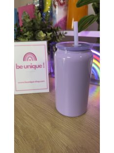   FÉNYES LILA HŐTARTÓ POHÁR EZÜST GRAVÍROZÁSSAL SZILIKON FEDÉLLEL ÉS SZÍVÓSZÁLLAL 500 ML