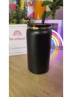   MATT FEKETE HŐTARTÓ POHÁR ARANY GRAVÍROZÁSSAL SZILIKON FEDÉLLEL ÉS SZÍVÓSZÁLLAL 500 ML
