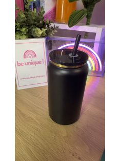   MATT FEKETE HŐTARTÓ POHÁR ARANY GRAVÍROZÁSSAL SZILIKON FEDÉLLEL ÉS SZÍVÓSZÁLLAL 500 ML