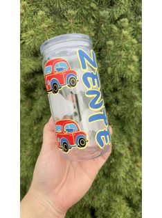   Üveghatású műanyag pohár szilikon fedéllel és műanyag szívószállal egyedi rétegezett mintában