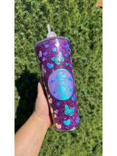   AKRIL POHÁR SZÍVÓSZÁLLAL CSILLÁMMAL VAGY SZÍNES FOLYADÉKKAL TÖLTVE, DÍSZÍTVE 700 ML