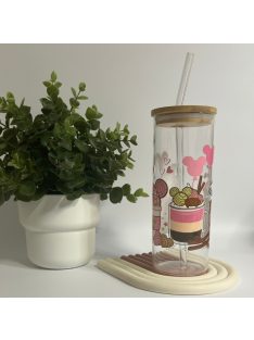   PINK MICKEY MINTÁZATÚ TRANSZFER MATRICÁZOTT ÜVEGPOHÁR BAMBUSZ FEDÉLLEL