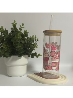   PINK MICKEY MINTÁZATÚ TRANSZFER MATRICÁZOTT ÜVEGPOHÁR BAMBUSZ FEDÉLLEL