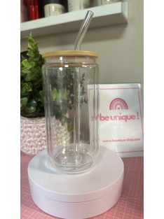    ÜVEGPOHÁR BAMBUSZ FEDÉLLEL ÉS SZÍVÓSZÁLLAL CSILLÁMMAL VAGY SZÍNES FOLYADÉKKAL TÖLTVE, DÍSZÍTVE 500 ML