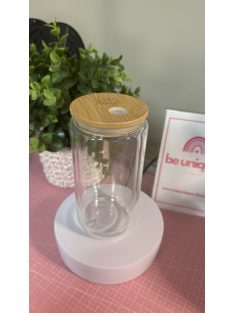    ÜVEGPOHÁR BAMBUSZ FEDÉLLEL ÉS SZÍVÓSZÁLLAL CSILLÁMMAL VAGY SZÍNES FOLYADÉKKAL TÖLTVE, DÍSZÍTVE 500 ML