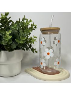   TAVASZI VIRÁG MINTÁS ÜVEGPOHÁR BAMBUSZ FEDÉLLEL ÉS SZÍVÓSZÁLLAL