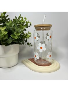   TAVASZI VIRÁG MINTÁS ÜVEGPOHÁR BAMBUSZ FEDÉLLEL ÉS SZÍVÓSZÁLLAL