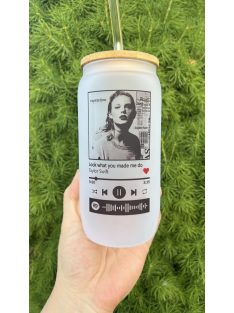   Üvegpohár saját fotóval és SPOTIFY kóddal bambusz tetővel és üveg szívószállal