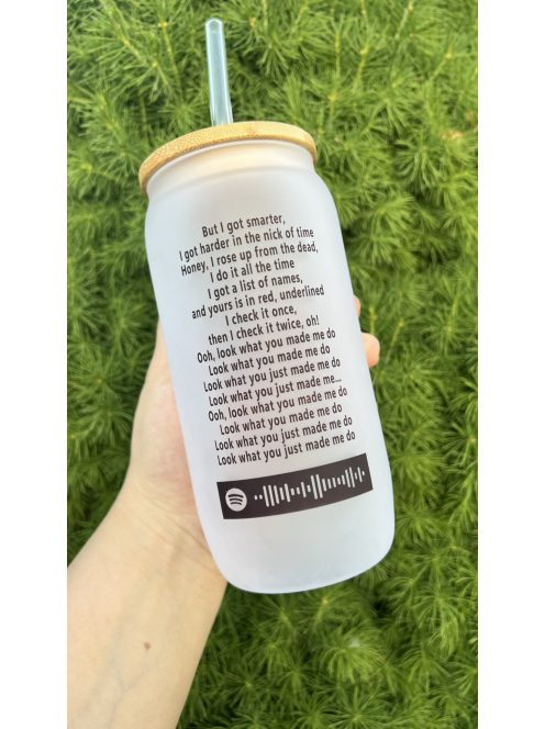 Üvegpohár saját fotóval és SPOTIFY kóddal bambusz tetővel és üveg szívószállal